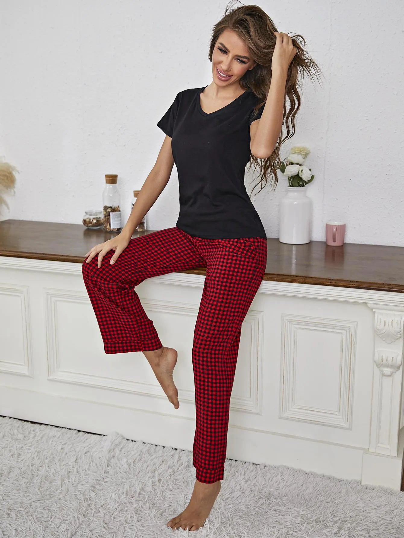 V-Neck Top and Gingham Pants Lounge Set Loungewear Sets - Tophatter Daily Deals