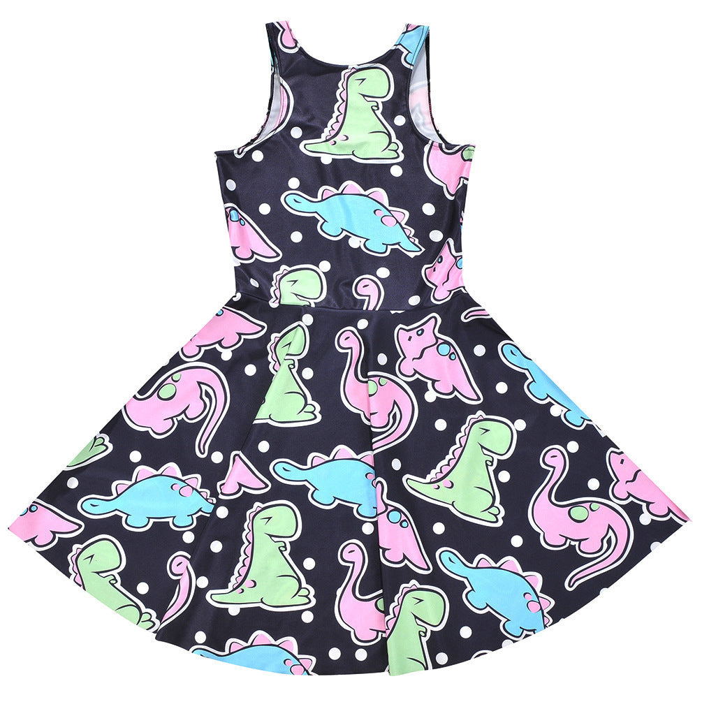 Black Cartoon Color Dinosaur Pleated Umbrella Skirt 0 - Tophatter Daily Deals