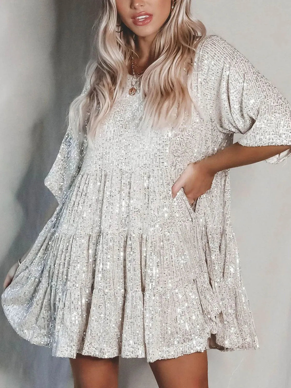 Full Size Sequin Round Neck Half Sleeve Mini Dress White Casual Dresses - Tophatter Daily Deals