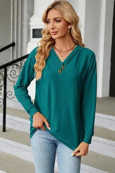 V-Neck Long Sleeve T-Shirt Teal Women's T-Shirts - Tophatter Daily Deals