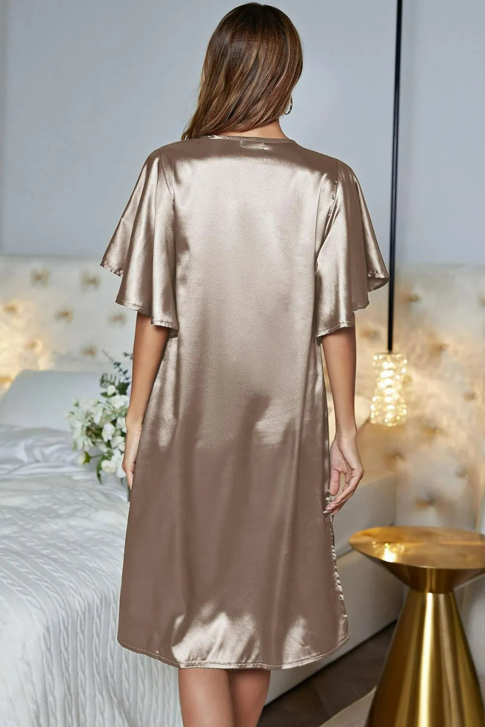 Satin Flutter Sleeve Side Slit V-Neck Night Dress Sleep Dresses - Tophatter Daily Deals