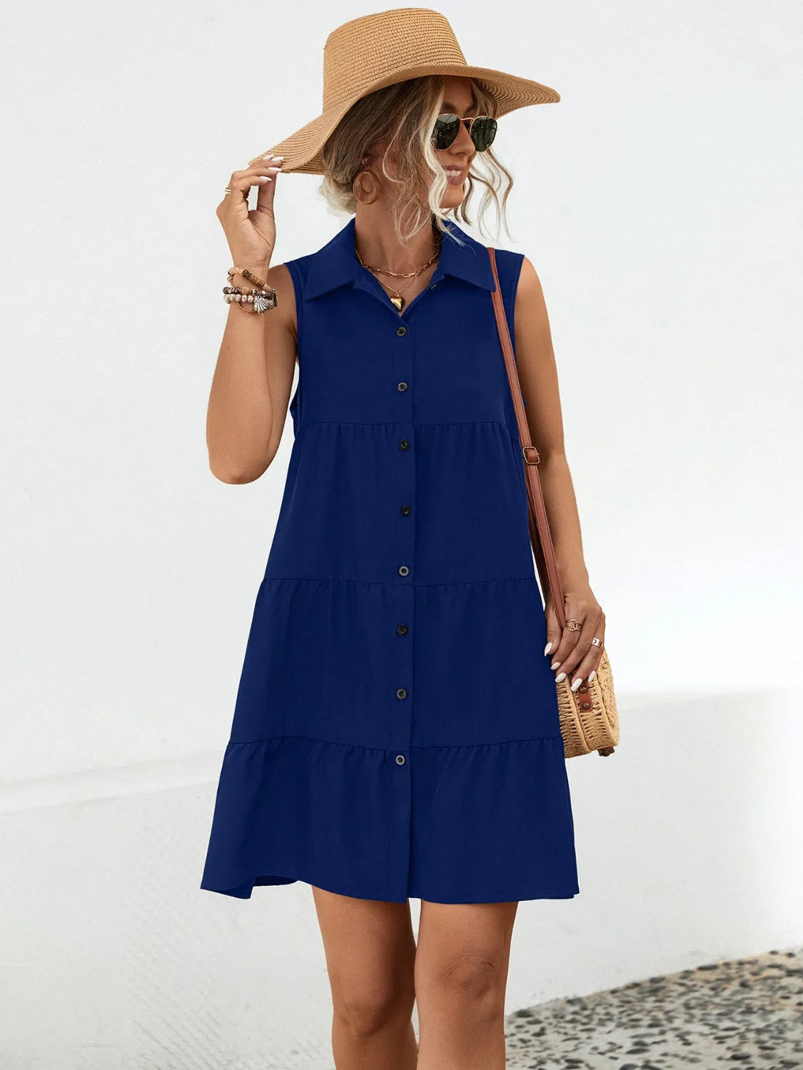 Button Up Sleeveless Mini Dress Casual Dresses - Tophatter Daily Deals