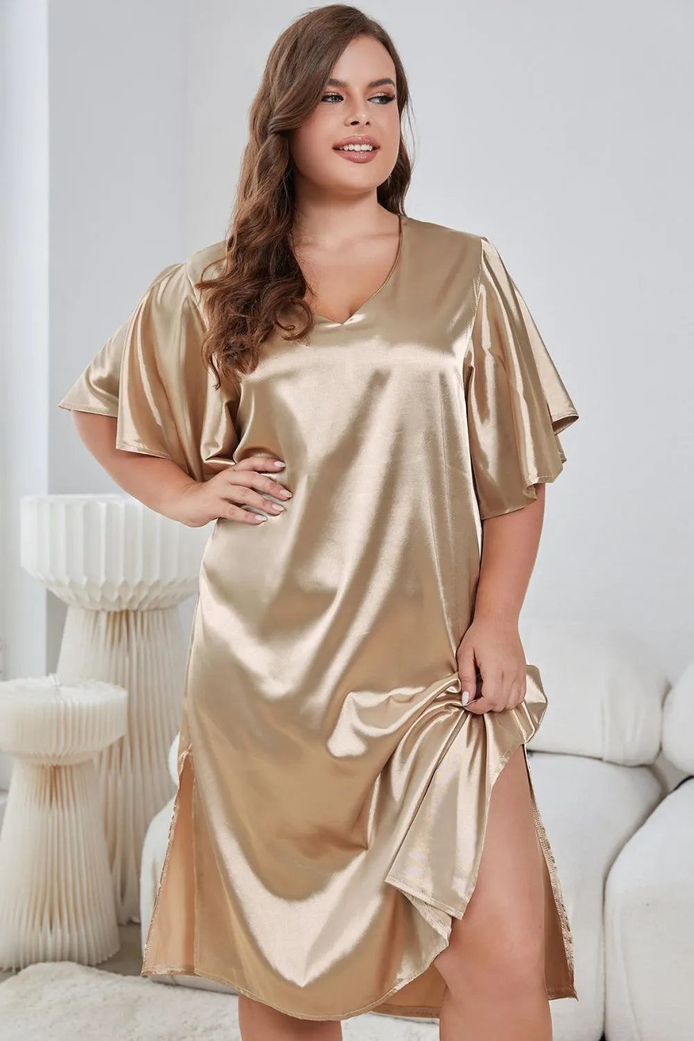 Plus Size Flutter Sleeve V-Neck Side Slit Night Gown Golden Sleep Dresses - Tophatter Daily Deals