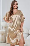 Plus Size Flutter Sleeve V-Neck Side Slit Night Gown Golden Sleep Dresses - Tophatter Daily Deals