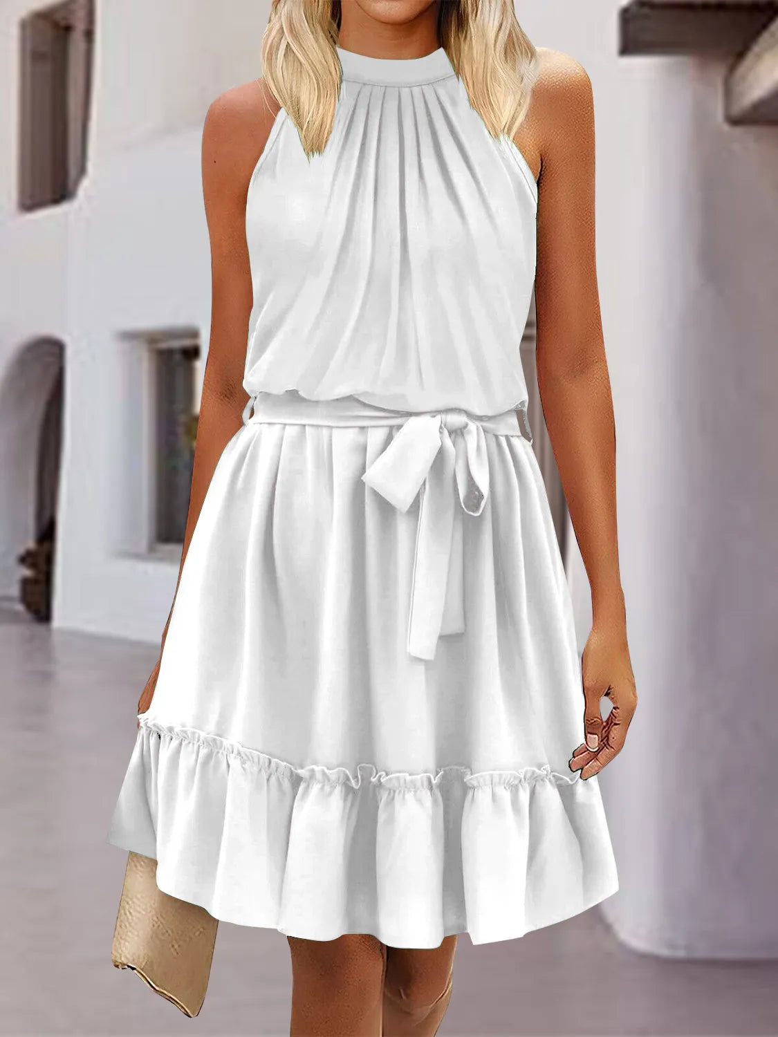 Frill Tied Mock Neck Sleeveless Dress White Casual Dresses - Tophatter Daily Deals