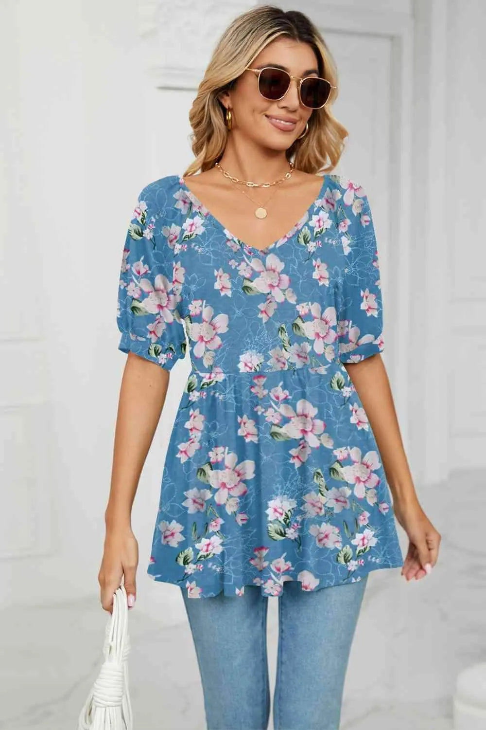 V-Neck Babydoll Blouse Pastel Blue Blouses - Tophatter Daily Deals