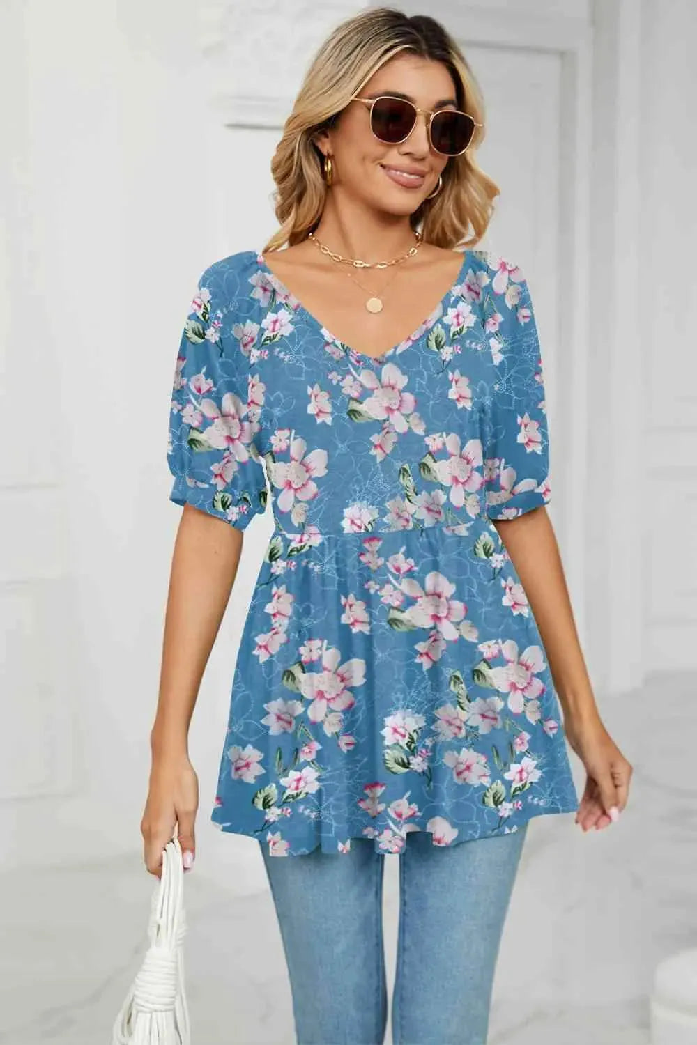 V-Neck Babydoll Blouse Pastel Blue Blouses - Tophatter Daily Deals