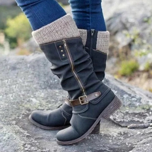Warm Cozy Women Knee-High Boots - Buckle Knit Cuff, Suede Black - Tophatter Daily Deals
