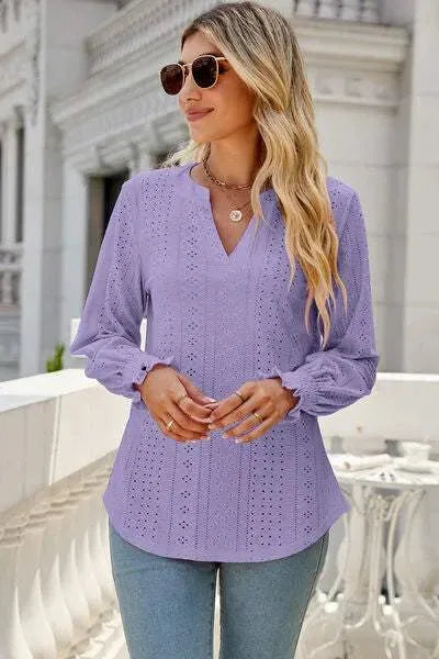 Eyelet Notched Lantern Sleeve T-Shirt Lavender Women's T-Shirts - Tophatter Daily Deals