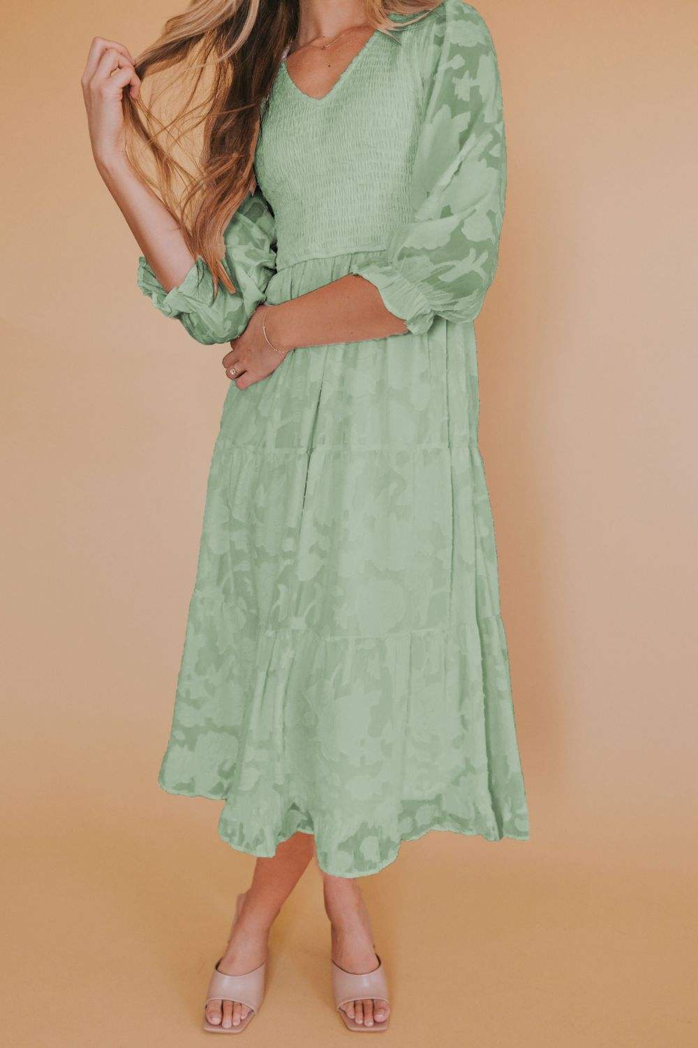 Smocked V-Neck Flounce Sleeve Dress Light Green Casual Dresses - Tophatter Daily Deals