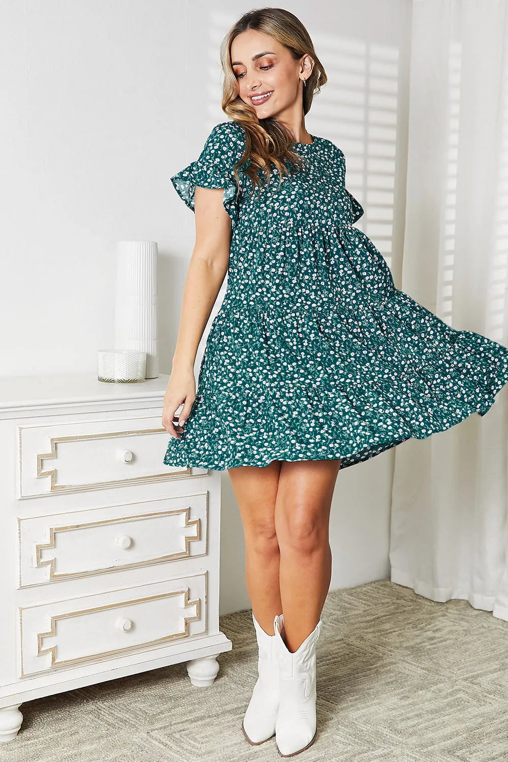 Double Take Short Flounce Sleeve Tiered Dress Casual Dresses - Tophatter Daily Deals