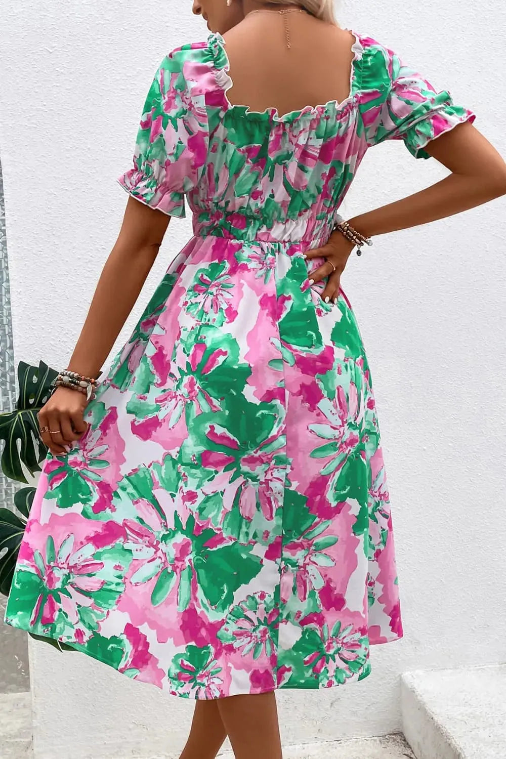 Floral Frill Trim Square Neck Dress Casual Dresses - Tophatter Daily Deals