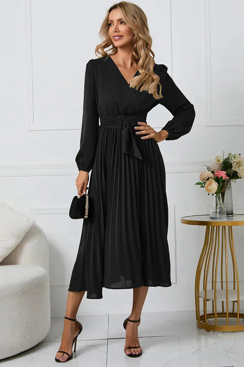 V-Neck Long Sleeve Tie Waist Midi Dress Casual Dresses - Tophatter Daily Deals