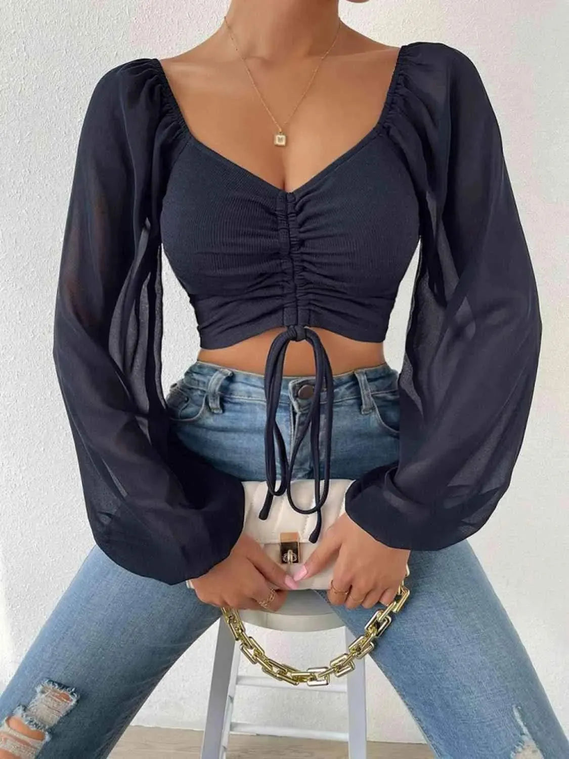 Drawstring Sweetheart Neck Cropped Top Dark Navy Blouses - Tophatter Daily Deals