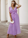 Tied Surplice Cap Sleeve Pleated Dress Lavender Casual Dresses - Tophatter Daily Deals