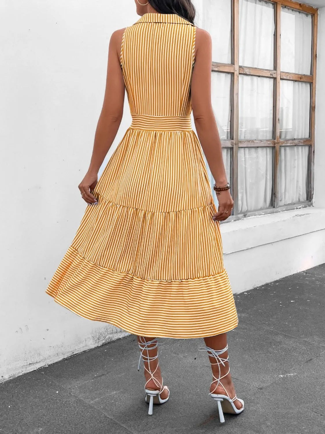 Striped Johnny Collar Sleeveless Midi Dress Casual Dresses - Tophatter Daily Deals