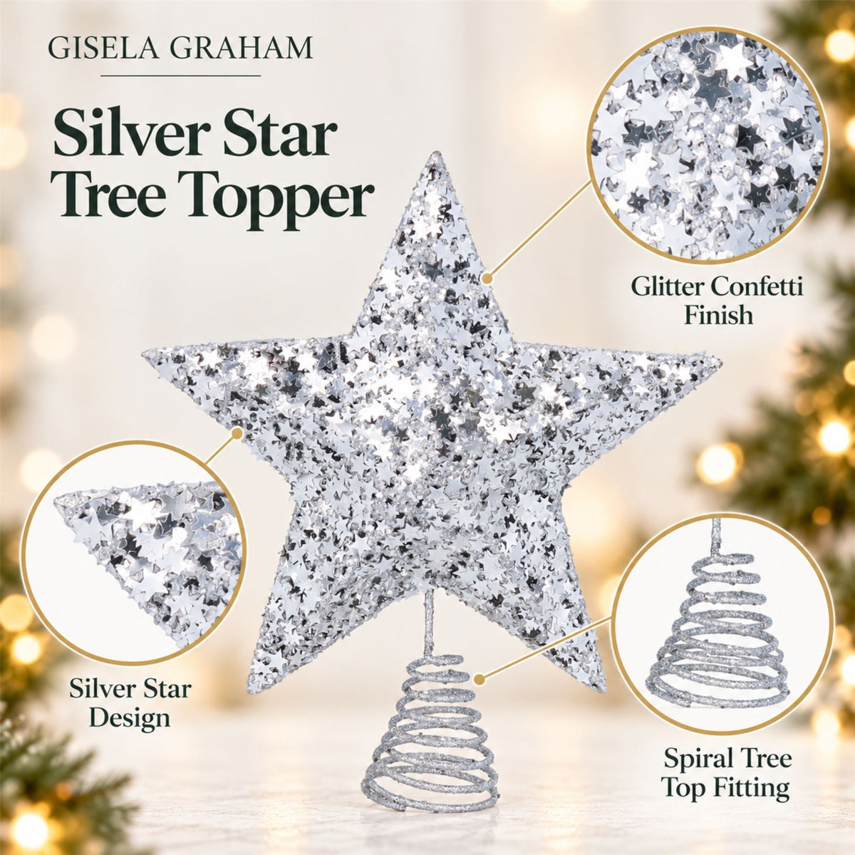 Silver Star Confetti Christmas Tree Topper, Gisela Graham Glitter Star 29cm Tree Decoration - Tophatter Daily Deals