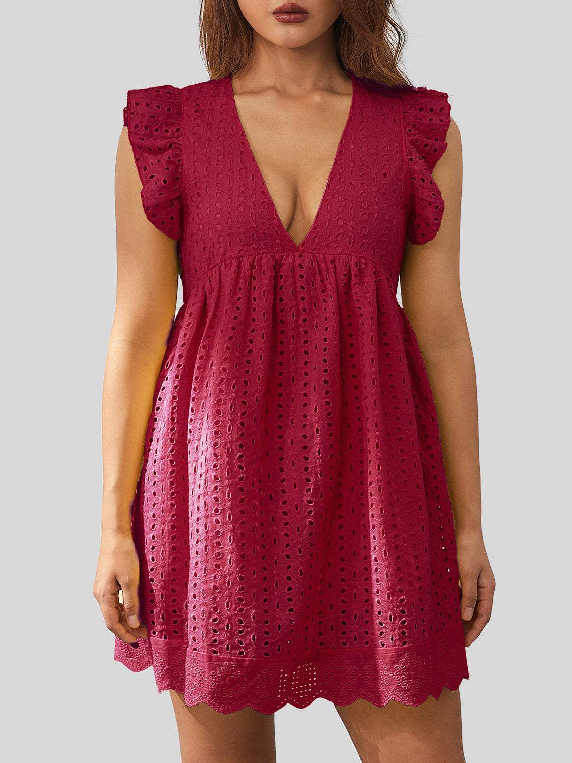 Ruffled Eyelet Cap Sleeve Mini Dress Deep Rose Casual Dresses - Tophatter Daily Deals