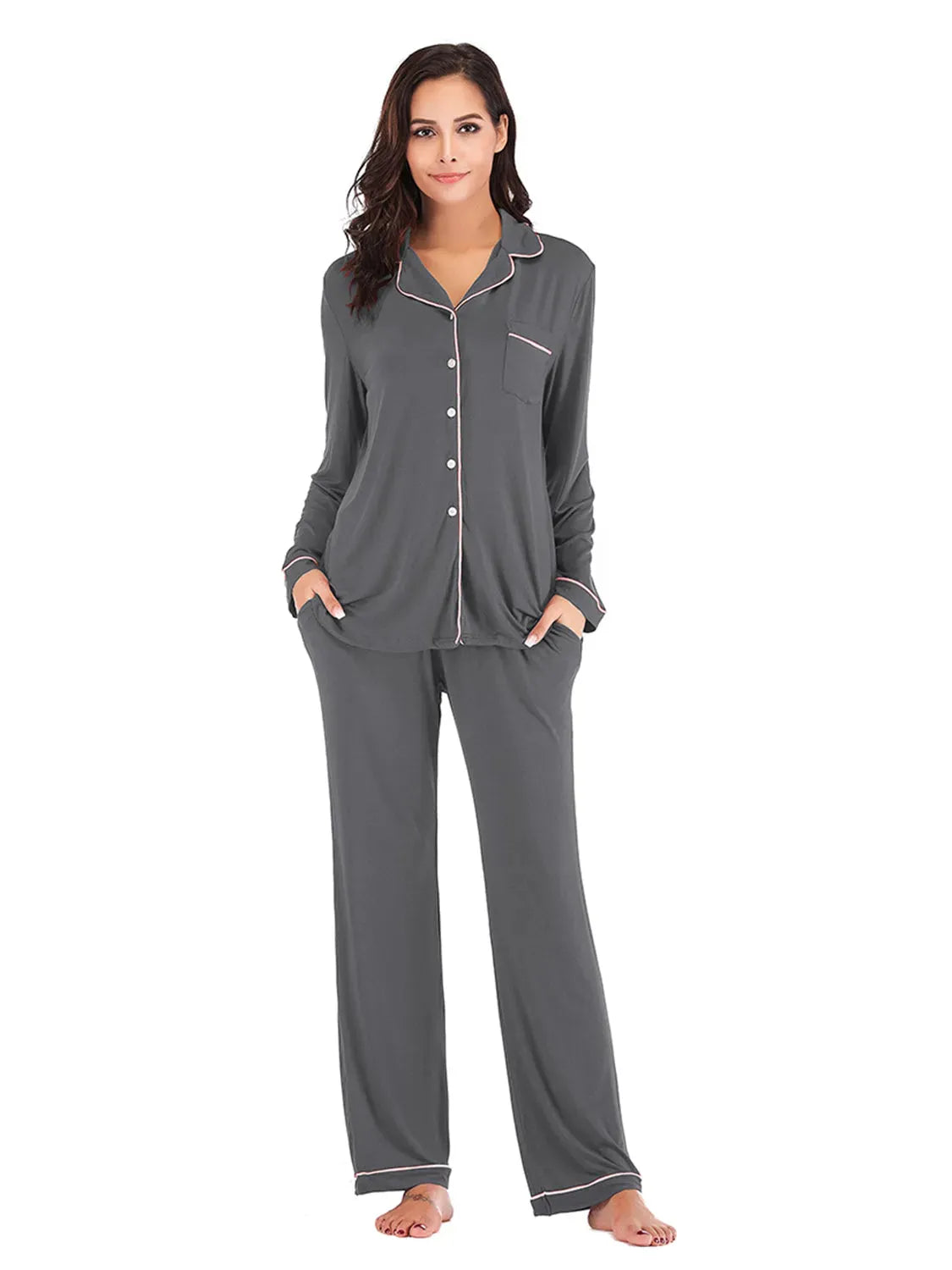 Collared Neck Long Sleeve Loungewear Set with Pockets Loungewear Sets - Tophatter Daily Deals