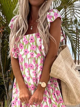 Ruffled Printed Cap Sleeve Midi Dress Casual Dresses - Tophatter Daily Deals