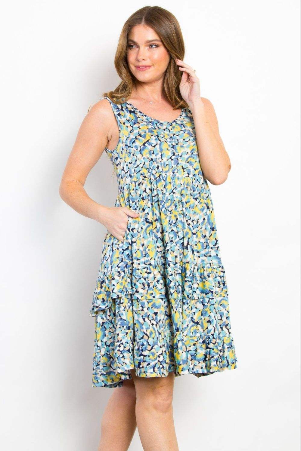 Be Stage Full Size Print Wrinkle Free Ruffled Dress Blue Casual Dresses - Tophatter Daily Deals