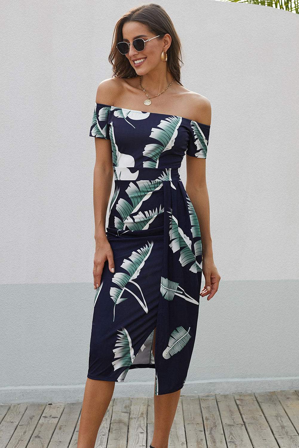 Printed Off-Shoulder Split Dress Dark Navy Casual Dresses - Tophatter Daily Deals