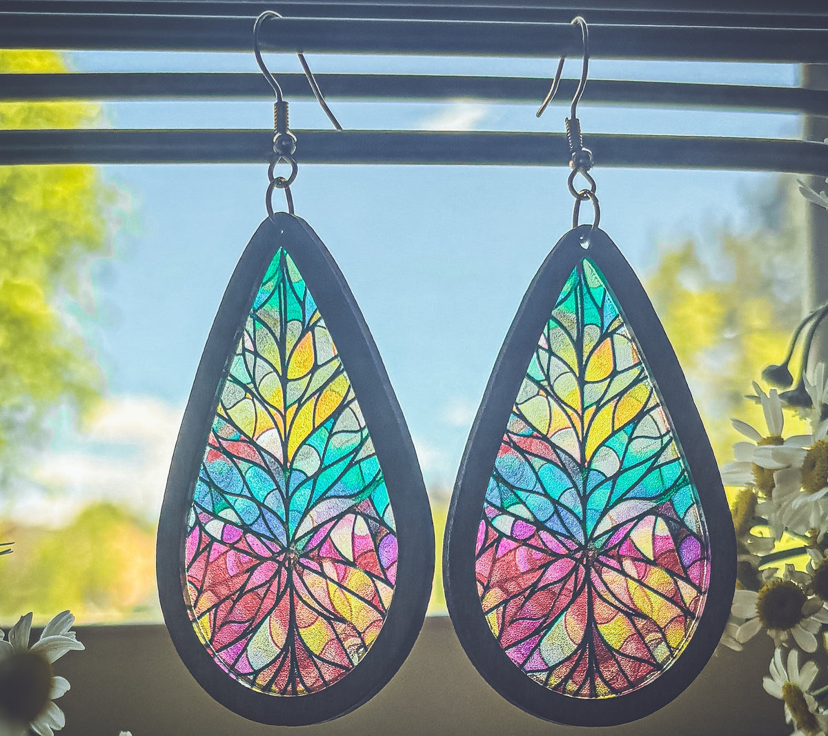 Beautiful Wood and Stained Glass Effect Earrings Earrings - Tophatter Daily Deals