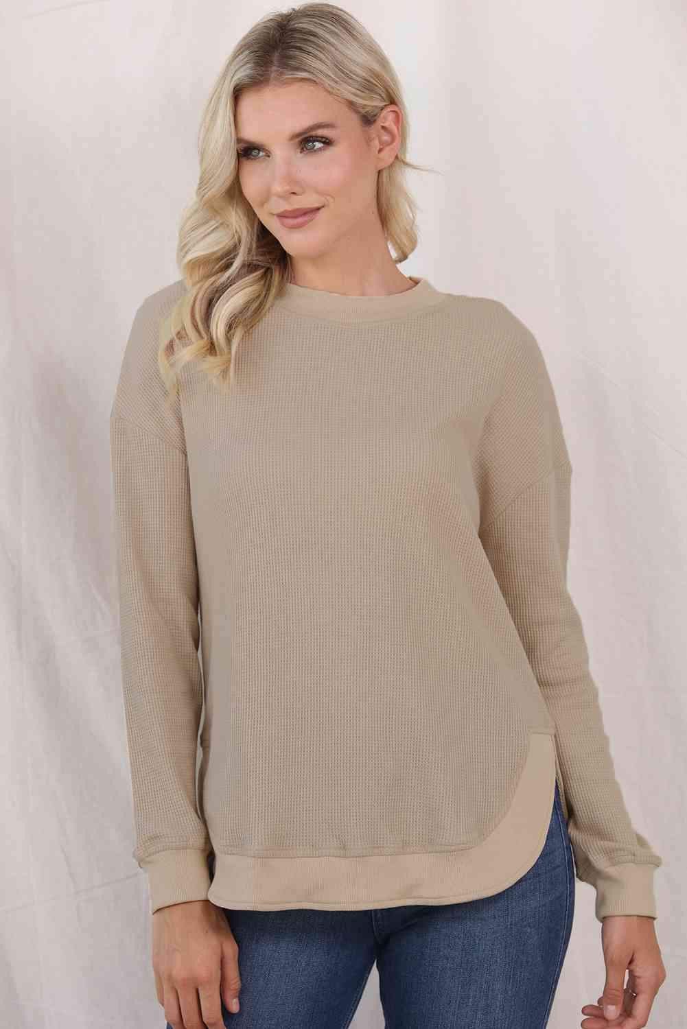 Waffle-Knit Crewneck Drop Shoulder Top Tan S Women's T-Shirts - Tophatter Daily Deals