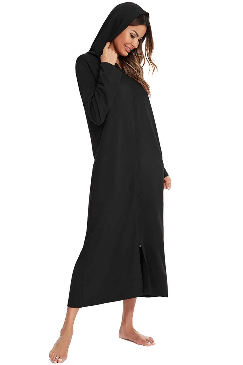 Zip Front Hooded Night Dress with Pockets Sleep Dresses - Tophatter Daily Deals