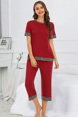 Round Neck Short Sleeve Top and Capris Pants Lounge Set Scarlet Loungewear Sets - Tophatter Daily Deals