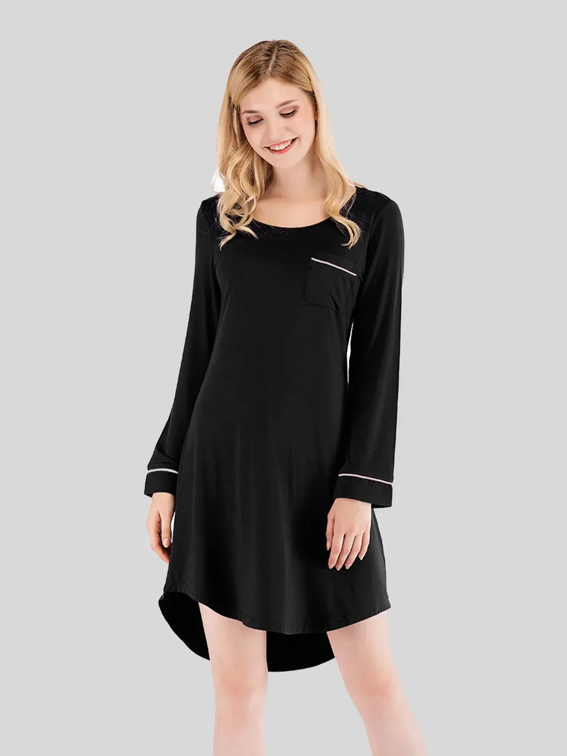 Round Neck Night Dress with Pocket Black Sleep Dresses - Tophatter Daily Deals