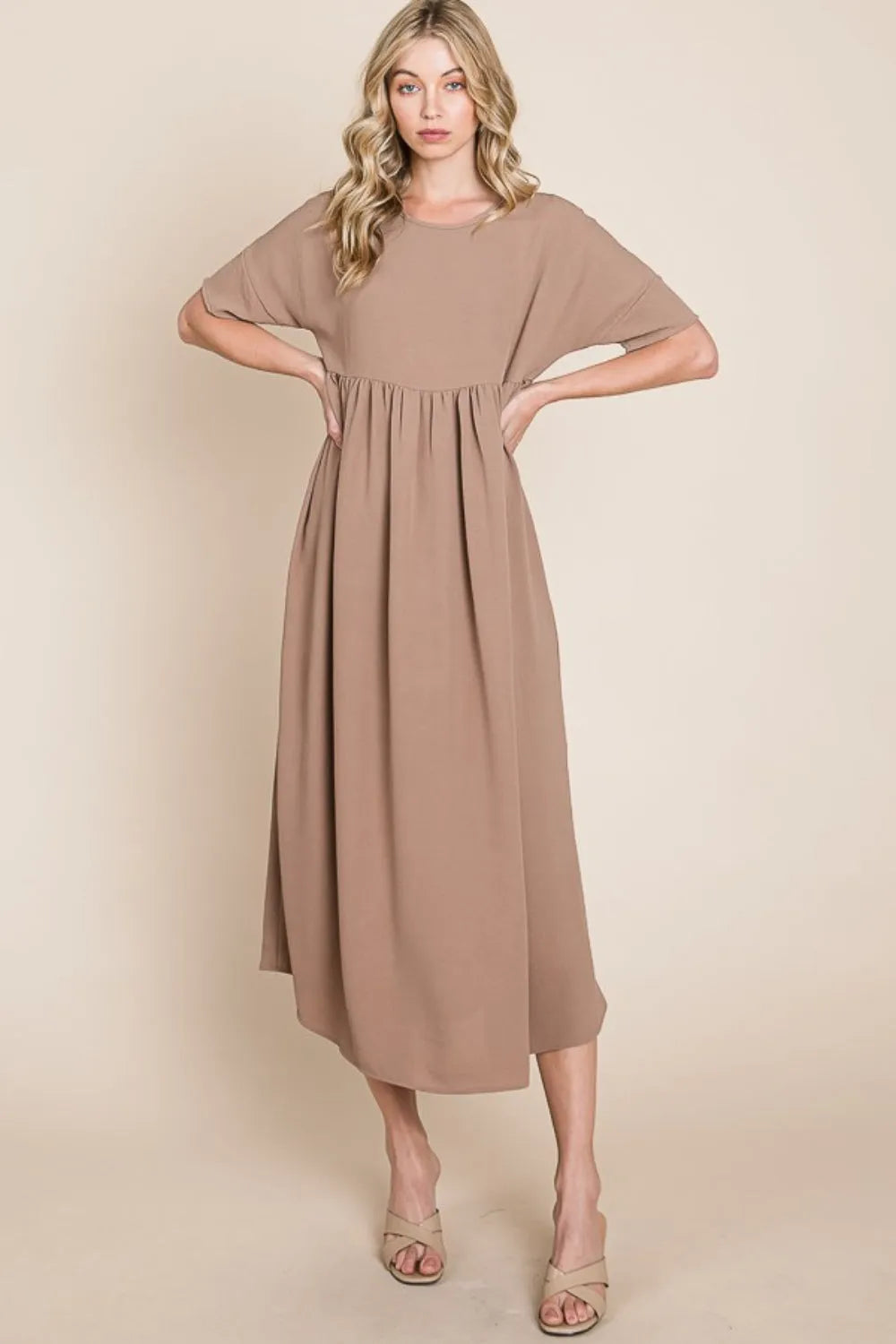 BOMBOM Round Neck Ruched Midi Dress Mocha Casual Dresses - Tophatter Daily Deals