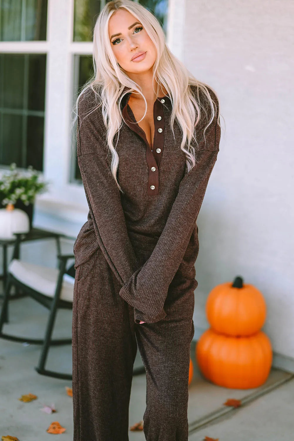 Brown Ribbed Knit Collared Henley Top and Pants Lounge Outfit Loungewear & Sleepwear/Loungewear - Tophatter Daily Deals