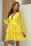 Tie Waist Balloon Sleeve Layered Dress Canary Yellow Casual Dresses - Tophatter Daily Deals