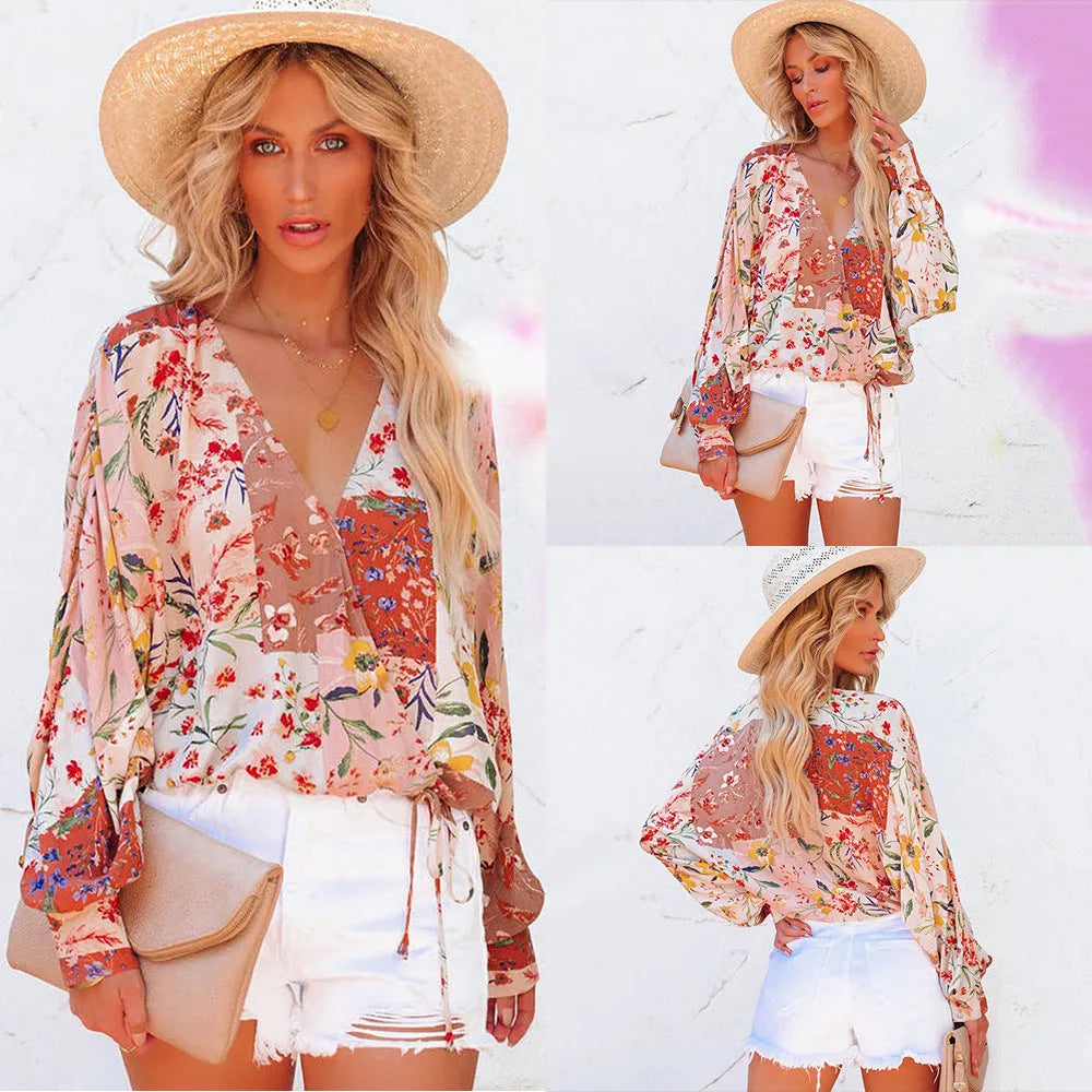 Spring And Summer Floral V-neck Long Sleeve Loose Casual Shirt Humidifier - Tophatter Daily Deals