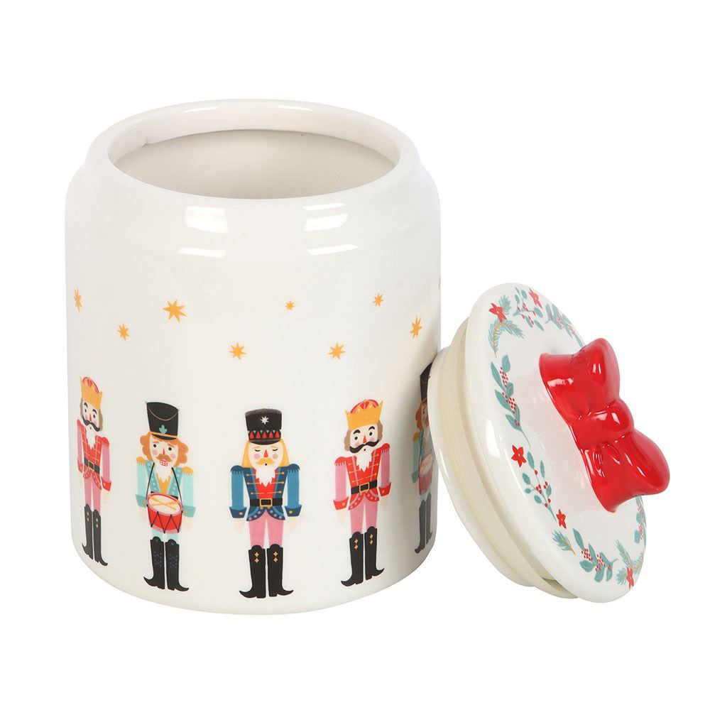 Ceramic Nutcracker Christmas Jar with Red Bow Lid | Festive Biscuit Barrel 15cm Jar - Tophatter Daily Deals