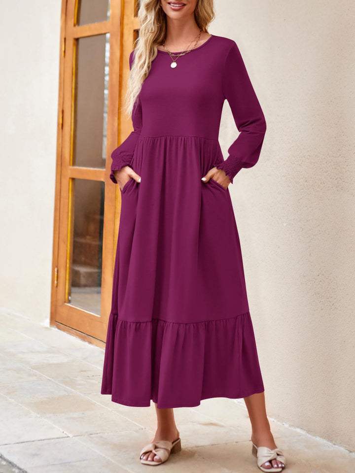 Round Neck Lantern Sleeve Ruffle Hem Dress Casual Dresses - Tophatter Daily Deals