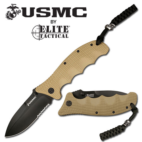 USMC 5 Inch Tan G10 Handle Serrated Pocket Folding Knife Ergonomic Grip - Tophatter's Inc. Weapons Store Online Collectible Weapons - Tophatter Daily Deals