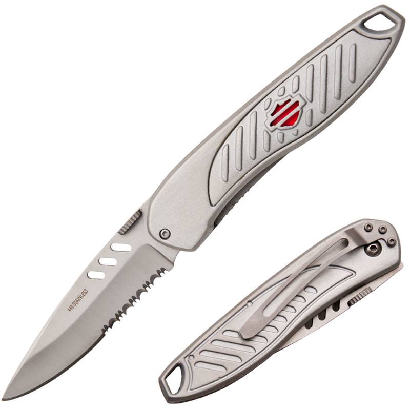 Gray Aluminum Ribbed Handle Serrated Blade Assisted Open Knife - Tophatter's Guns'N'Weapons Store - FREE SHIPPING Collectible Weapons - Tophatter Daily Deals