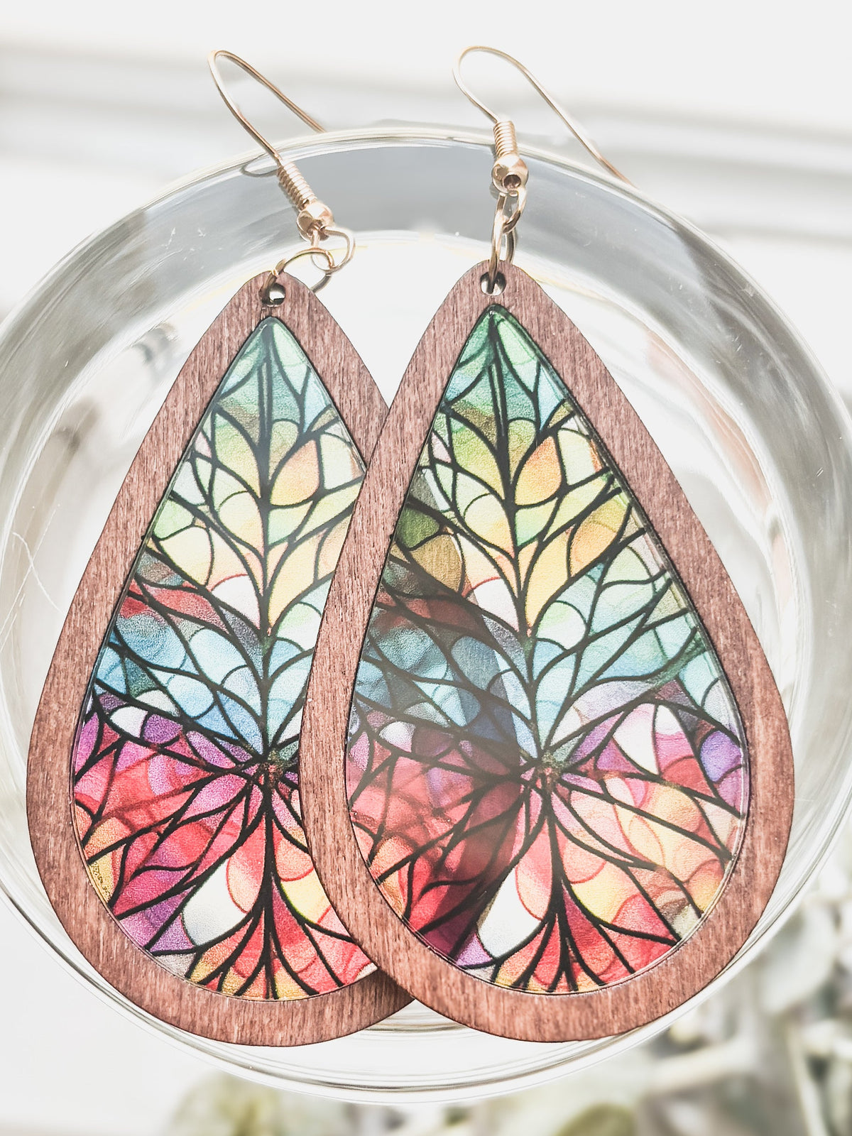 Beautiful Wood and Stained Glass Effect Earrings Earrings - Tophatter Daily Deals