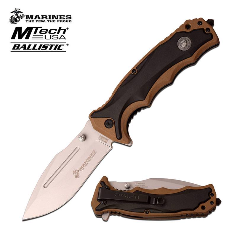 Mtech USA US Marines Licensed Tan Dark Brown Two Tone Spring Assisted Opening Knife - TOPHATTER'S ARMORY DEALS Collectible Weapons - Tophatter Daily Deals