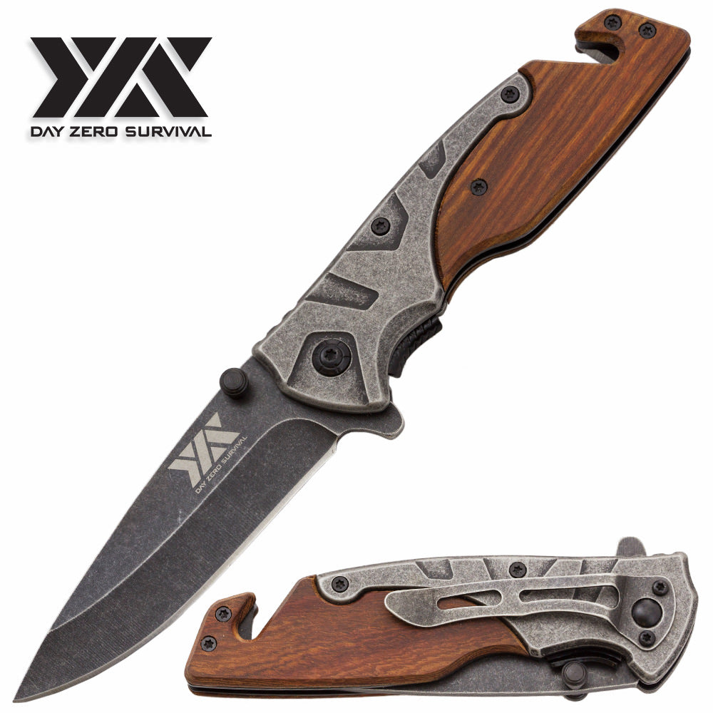 DZS Pocket Knife Stonewash Rescue Tactical EDC Wood Handle - Tophatter's Inc. Weapons Store Online Collectible Weapons - Tophatter Daily Deals