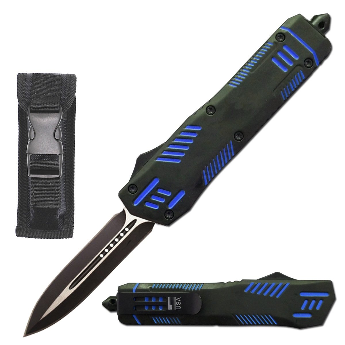9" Automatic Dual Action Blue Pitbull OTF Dagger Blade Knife Collectible Weapons - Tophatter Daily Deals