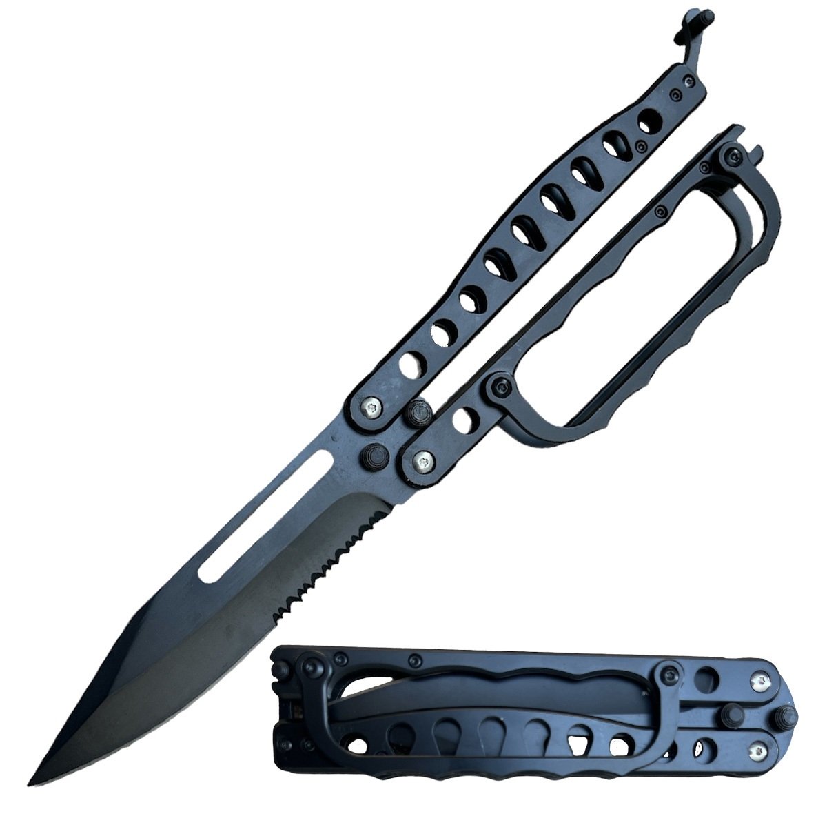 Black Folding Knuckle Knife Trench Tactical Combat Butterfly Collectible Weapons - Tophatter Daily Deals