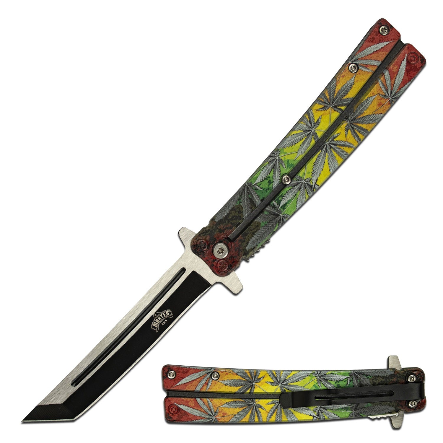 Spring Assist Open Tanto Blade Cannabis Marijuana Leaf Design Handle - Tophatter's Guns'N'Weapons Store Collectible Weapons - Tophatter Daily Deals