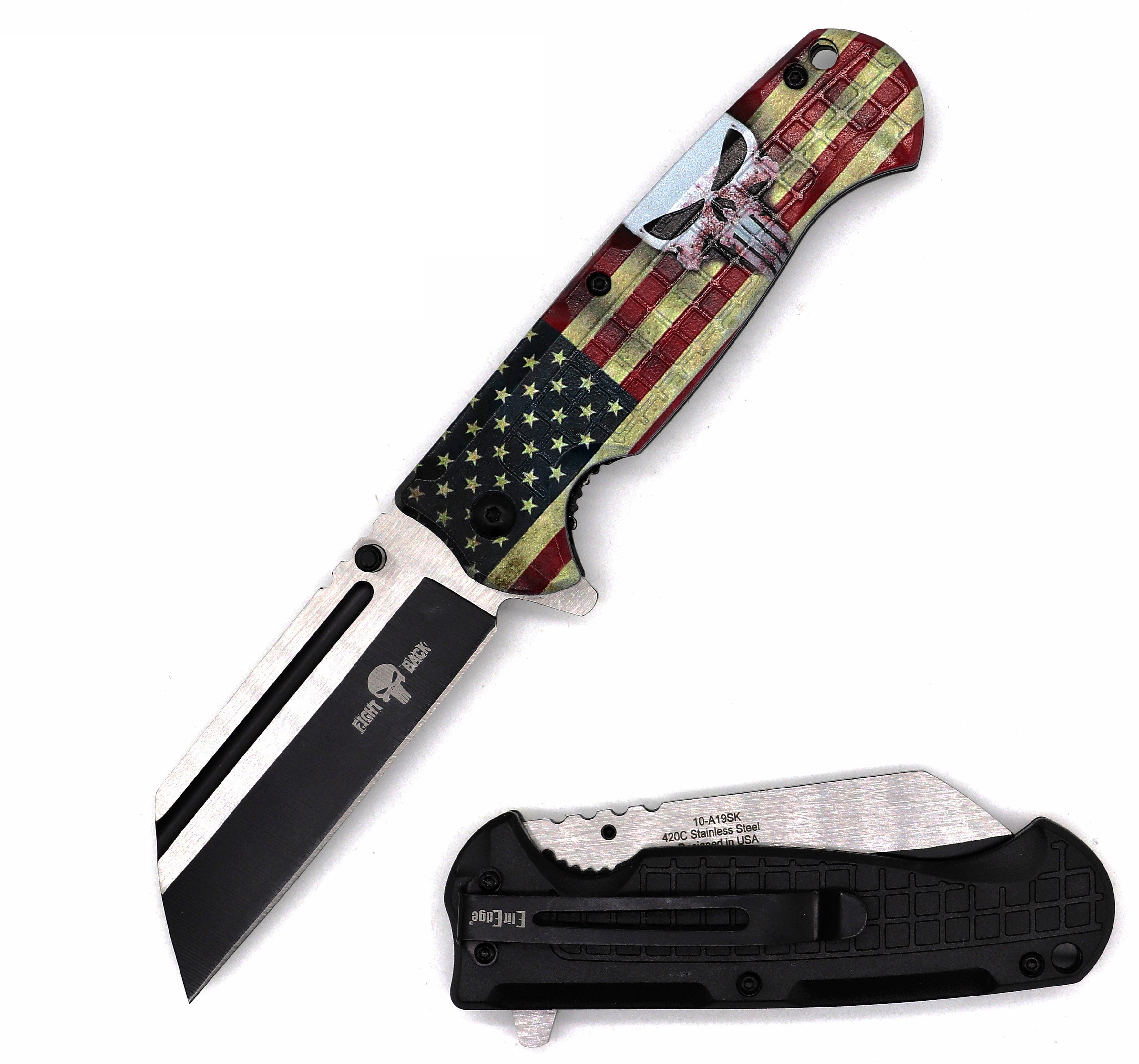 4.6" Closed US Flag Punisher Cleaver Razor Blade Spring Assist Knife - Tophatter's Guns'N'Weapons Store Collectible Weapons - Tophatter Daily Deals