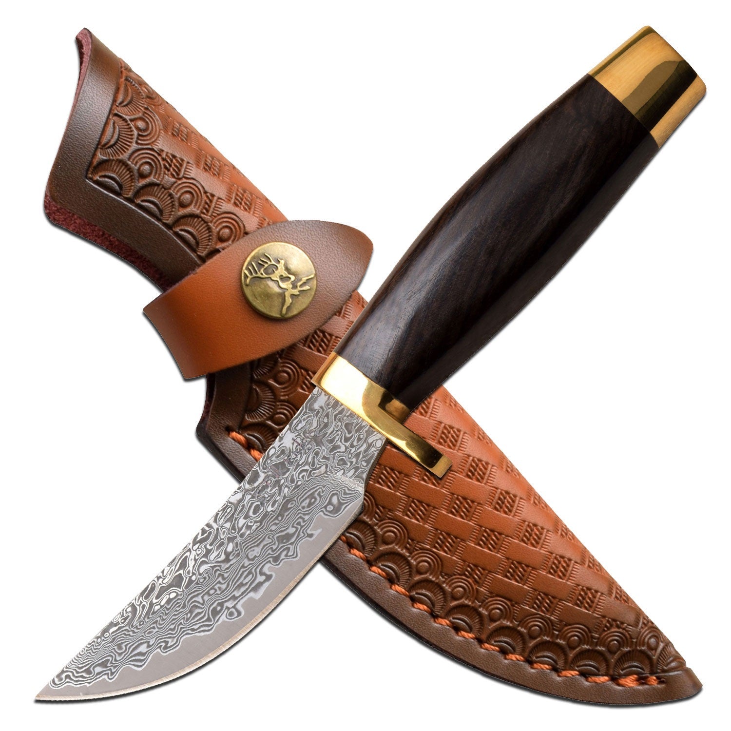 Elk Ridge 7.5" Wood Handle Fixed Blade Hunting Skinning Knife Damascus Steel Collectible Weapons - Tophatter Daily Deals