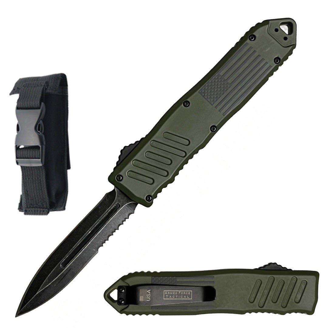 9" American Flag Army Green OTF Dual Action Automatic Knife - TOPHATTER'S ARMORY DEALS Collectible Weapons - Tophatter Daily Deals