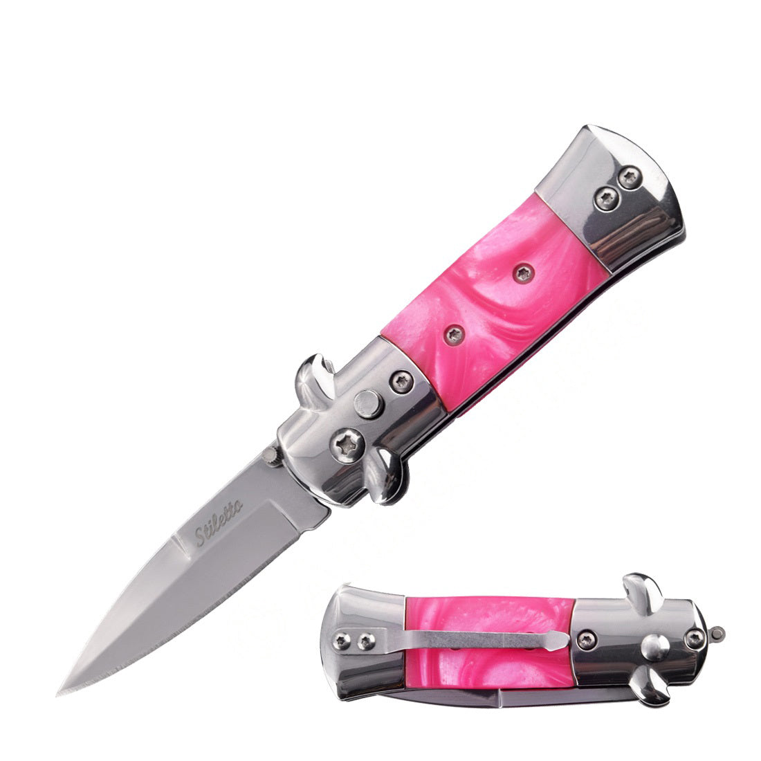 5.65" Mini Stiletto Switch Blade Automatic Knife - Pink Pearl Handle - Tophatter's Guns'N'Weapons Store Collectible Weapons - Tophatter Daily Deals