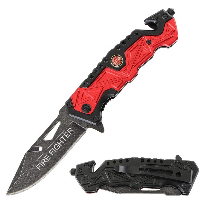 Rescue Spring Assist Fire Fighter Folding Knife - Red - TOPHATTER'S ARMORY DEALS Collectible Weapons - Tophatter Daily Deals